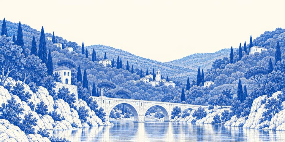 Paisagem ilustrada em azul: uma ponte de pedra conecta margens entre colinas, árvores e pequenas casas.